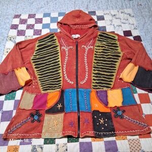 Happy Colors Full Zip Embroidered Hippie Boho‎ Hoodie Plus 1X Relaxed Fit Nepal